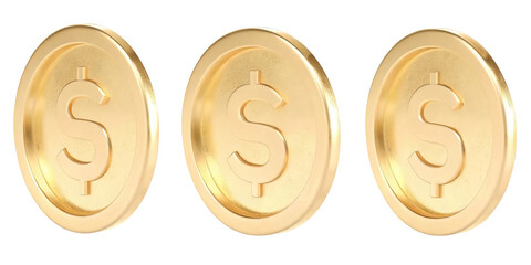 Spinning Golden Coin - Rotate Golden Coin at Different Angles Isolated On White. 3d rendering
