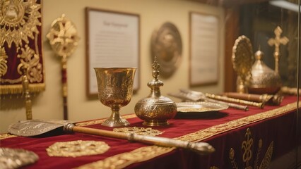 Display of ornate religious artifacts including chalices, crosses, and ceremonial staffs on a red cloth.