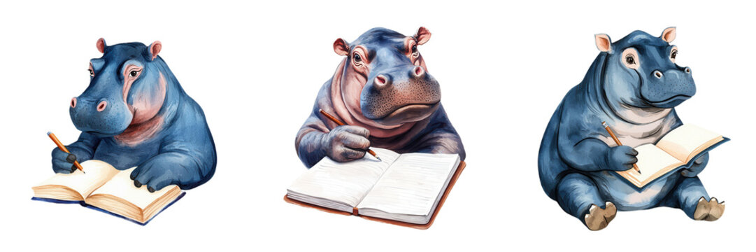 Three cartoon hippos engaged in writing, each holding a notebook and pencil, showcasing different expressions and postures.