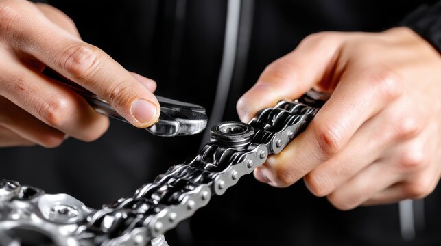Bicycle chain maintenance action workshop instructional content indoor setting close-up view repair concept