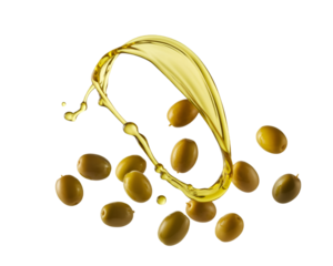 Olive oil splash with olives isolated on white background for Mediterranean cuisine and gourmet theme