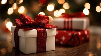 Close-up of Christmas Gift White Box with Red Glitter Ribbon Festive Atmosphere
