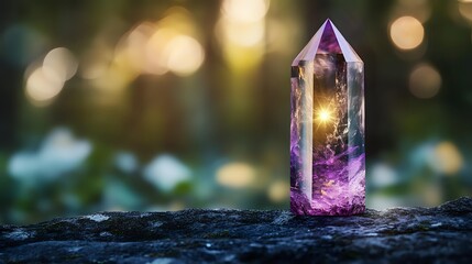 Mystical crystal point with purple and golden light glowing from within, set against blurred natural bokeh background on dark stone surface.