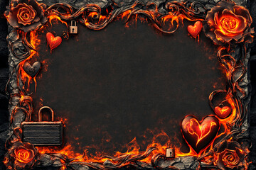 Volcanic ember frame with molten hearts creating a fiery romantic atmosphere for special events