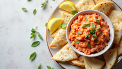 Hummus dip served with pita bread and lemon wedges on plate  