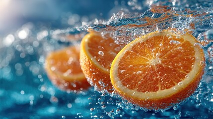 Close-up of Orange Slices in Water with Bubbles on Blue Background