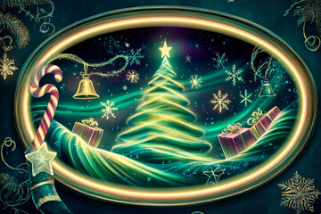 Experience the magic of aurora borealis in a vibrant oval frame with wavy patterns illuminating the night sky