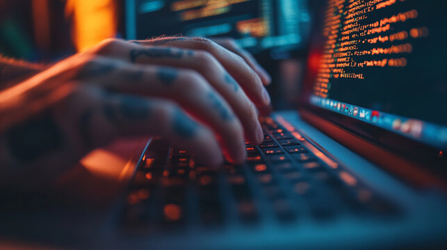 Close-up of hands with tattoos typing on laptop, detailed reflection of HTML code on keys