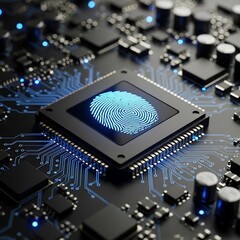 Closeup of a computer processor with a fingerprint scan on its surface, representing digital security and biometric identification technology