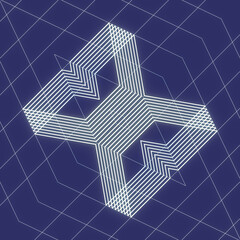 Illustration of rhombuses diverging from the center. Neon white lines on a dark blue background create a sense of waves. The visual style is cyber-optic. 3d rendering