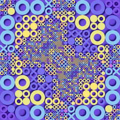 Abstract geometric pattern composed of a series of X's and O's organized in a dense grid symmetric composition. Color palette includes vibrant purples, yellows and blues. 3d rendering illustration