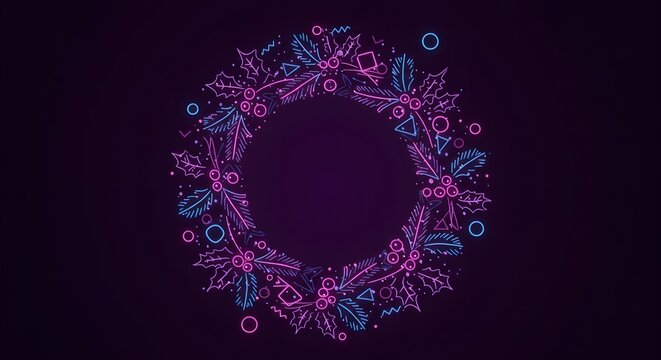 Modern neon festive wreath with geometric shapes and holly berries, vibrant holiday background