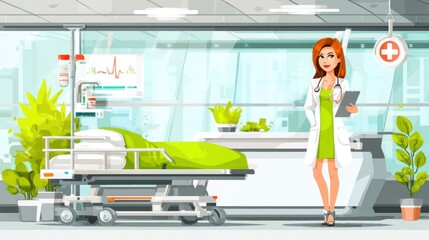 Fototapeta premium Healthcare professional assisting patients in modern hospital room medical environment digital art bright and welcoming atmosphere