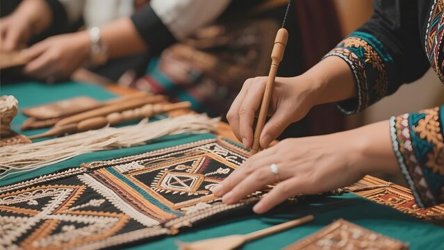 Artisans crafting traditional textiles with intricate patterns and tools