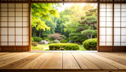 Empty wooden room with sliding door and Japanese garden view