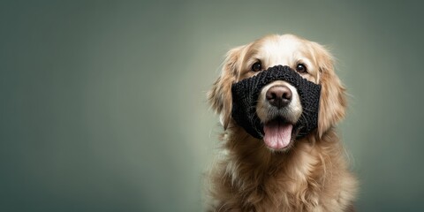 The happy golden retriever wearing a playful black mask in a studio setting.