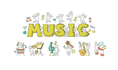 People with doodle music instruments, guitar, drums, saxophone and maracas.. Musical instruments icons set. Hand drawn cartoon vector illustration for school subject design. Concept of jazz or rock co