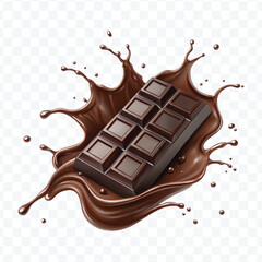 realistic 3d dark chocolate bar into liquid chocolate splash with bubbles in curve style isolated on transparent background