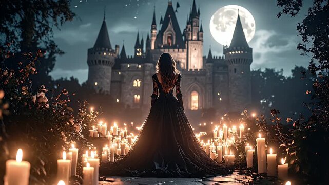 Mysterious Woman in Black Dress Stares at Enchanted Castle Under Moonlight Surrounded by Flickering Candles