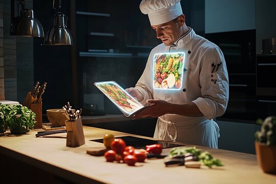 Chef engages with holographic recipe book while preparing meals in a modern kitchen
