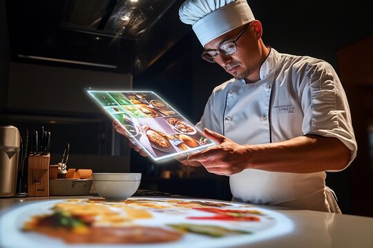 Chef engages with holographic recipe book while preparing meals in a modern kitchen