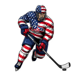 American flag hockey player ready to compete on transparent background isolated on transparent background