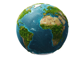 A detailed 3d rendering of planet earth showing continents and oceans, isolated on transparent background
