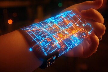 3D holographic map displayed from a wristband illuminates the hand with vibrant city pathways and landmarks during the evening
