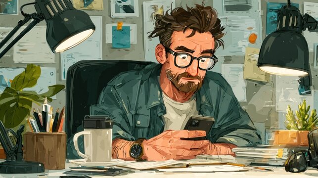 Man using smartphone at desk, modern workplace scene