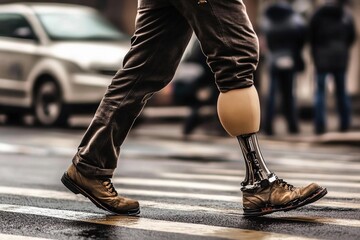 Man confidently walking on the street with a prosthetic leg during a sunny day in an urban environment