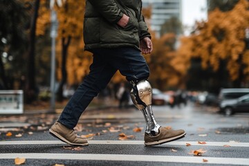 Man confidently walking on the street with a prosthetic leg during a sunny day in an urban environment