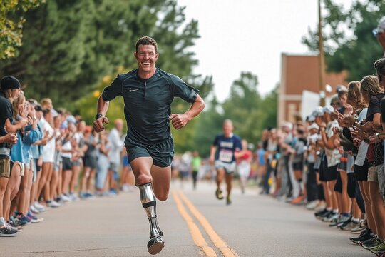 Close-up of person with prosthetic leg walking on court during sunset, highlighting resilience and strength in athletic pursuit - Powered by Adobe