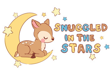  Fawn on moon snuggled in stars hand drawn vector illustration Kids print Deer 