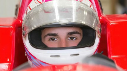 Fototapeta premium Racing action young driver in helmet racing garage photo indoor close-up aspiration and focus