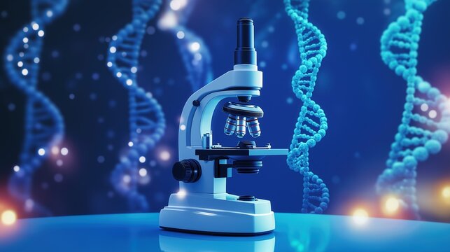 Microscope with rotating DNA helixes in blue lab image. High tech laboratory molecule strands photography scene photorealistic. Advanced biotechnology, genetic investigation concept