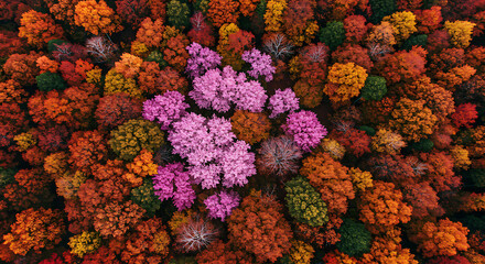 Aerial top-down view of a vibrant autumn forest with colorful red, orange, and uniquely pink trees.