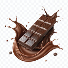 realistic 3d dark chocolate bar into liquid chocolate splash with bubbles in curve style isolated on transparent background