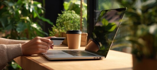 The user making an online purchase with a credit card at a modern workspace.
