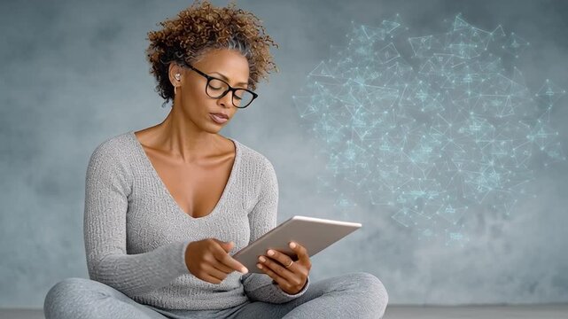 Woman in Headphones Engaging in Remote Discussion of Q4 Goals with Team Using Tablet and Holographic Interface Elements