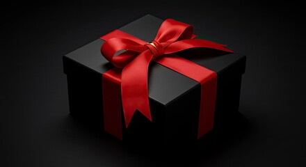 Obraz premium A matte black gift box tied with a vibrant red satin ribbon and bow sits against a dark background
