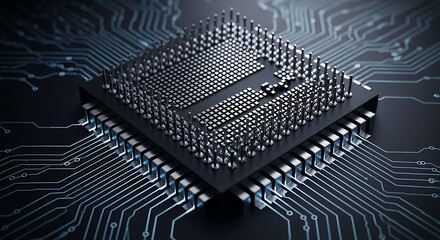 Closeup view of a modern computer processor chip with intricate circuitry and glowing blue connections, representing advanced technology and data processing