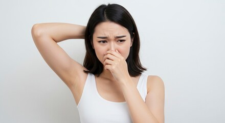 A woman in a white tank top grimaces while holding her nose arm raised in front of a white background