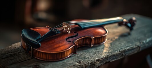 Fototapeta premium The elegant violin resting on a rustic wooden table in soft light.