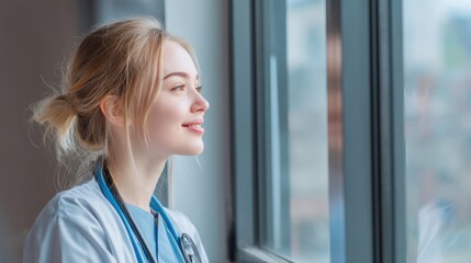 Healthcare professional reflects on life hospital room portrait bright environment side view hope for the future
