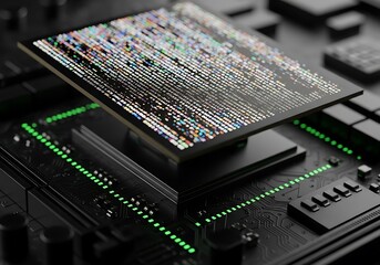 A computer processor with a glitchy, corrupted data display on its surface, symbolizing digital error and technological malfunction