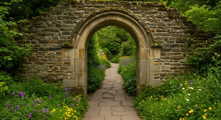 Discover hidden beauty through a moss-covered stone archway into a vibrant, blooming garden path.