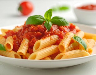 A plate of penne pasta with tomato sauce and basil