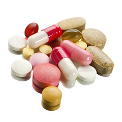 Assorted colorful medicinal pills and capsules isolated on a transparent background