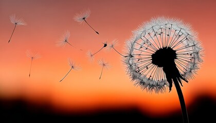 Naklejka premium Delicate Dandelion Seeds Dancing in The Warm Golden Sunset Breeze, Nature s Beautiful Transition