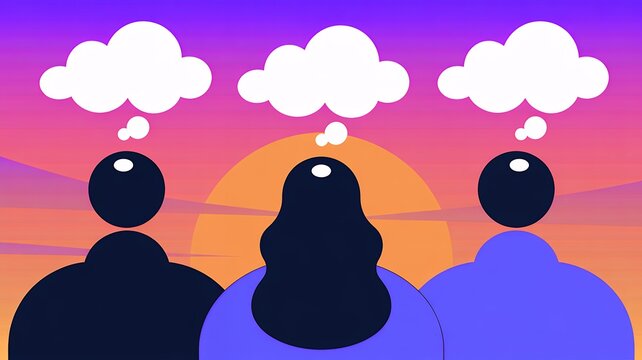 Abstract Illustration of Three People with Thought Bubbles Watching Sunset Over Water